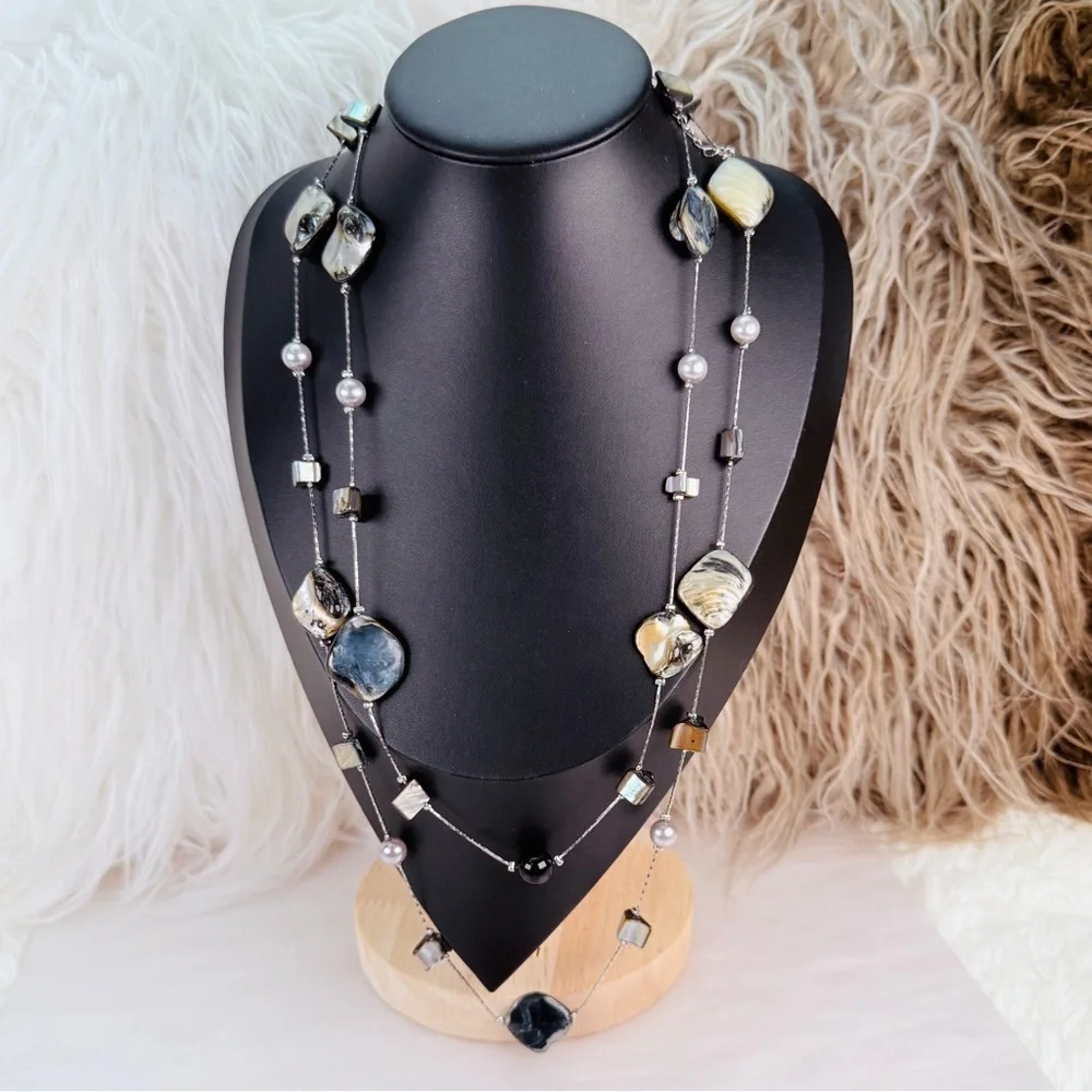 Bohemian island chic, shell faux pearl Silvertone long layering necklace